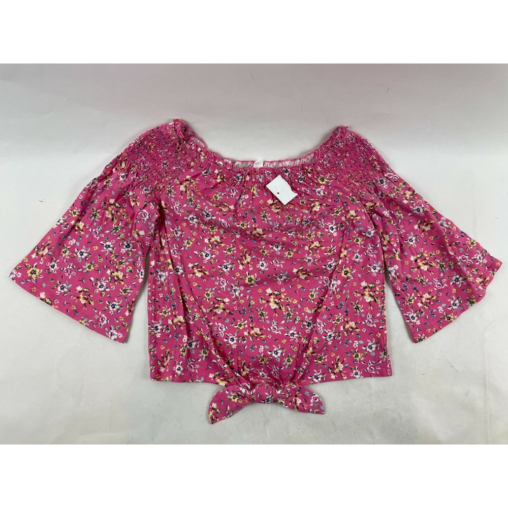 Cloud Chaser Shirt Girls Size L Pink Floral Bell Sleeve Off Shoulder front tie